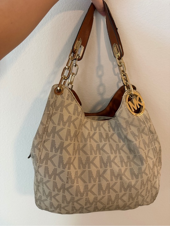 Michael Kors Handbags - Michael Kors Tan Beige MK Monogram Shoulder Bag with Gold Accent